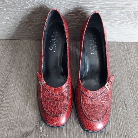 Vintage Franco Sarto Red Leather Alligator Print  Chunky Heel Pump Size 7.5 - Picture 5 of 11